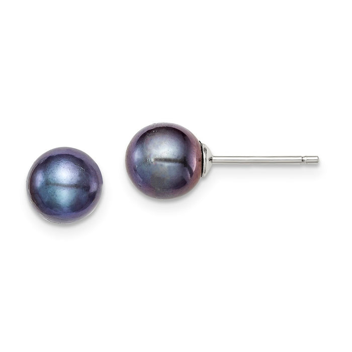 925 Sterling Silver Rh-plated 7-8mm Black Freshwater Cultured Round Pearl Stud Earrings, 7 to 8mm x 7 to 8mm