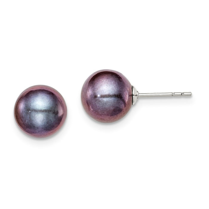 925 Sterling Silver Rh-plated 8-9mm Black Freshwater Cultured Round Pearl Stud Earrings, 8 to 9mm x 8 to 9mm