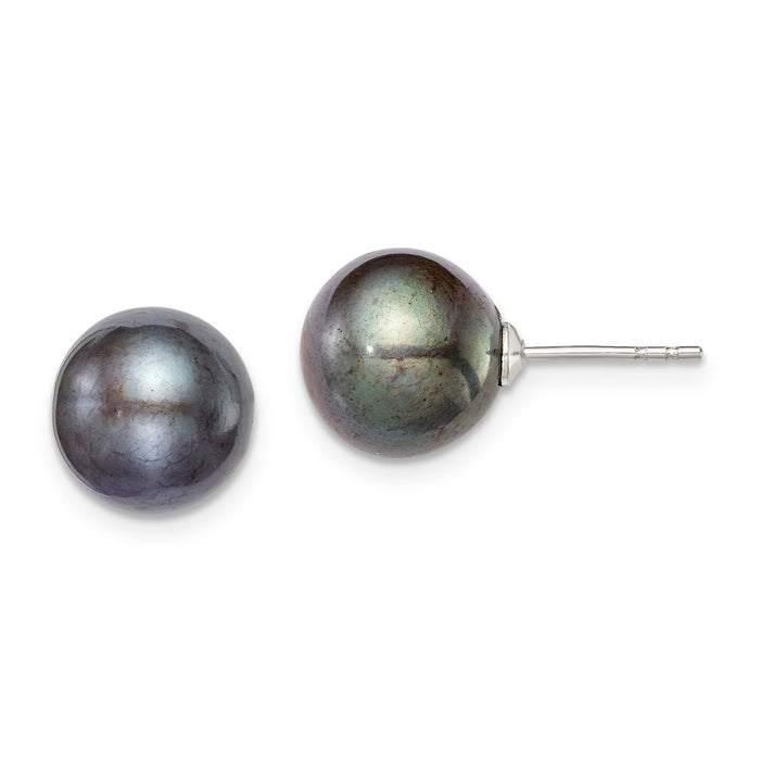 925 Sterling Silver Rh-plated 9-10mm Black Freshwater Cultured Round Pearl Stud Earring, 9 to 10mm x 9 to 10mm