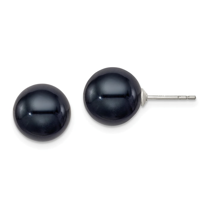 925 Sterling Silver Rh-plated 10-11mm Black Freshwater Cultured Round Pearl Stud Earrin, 10 to 11mm x 10 to 11mm