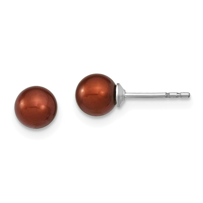 925 Sterling Silver Rh-plated 5-6mm Coffee Freshwater Cultured Round Pearl Stud Earring, 5 to 6mm x 5 to 6mm
