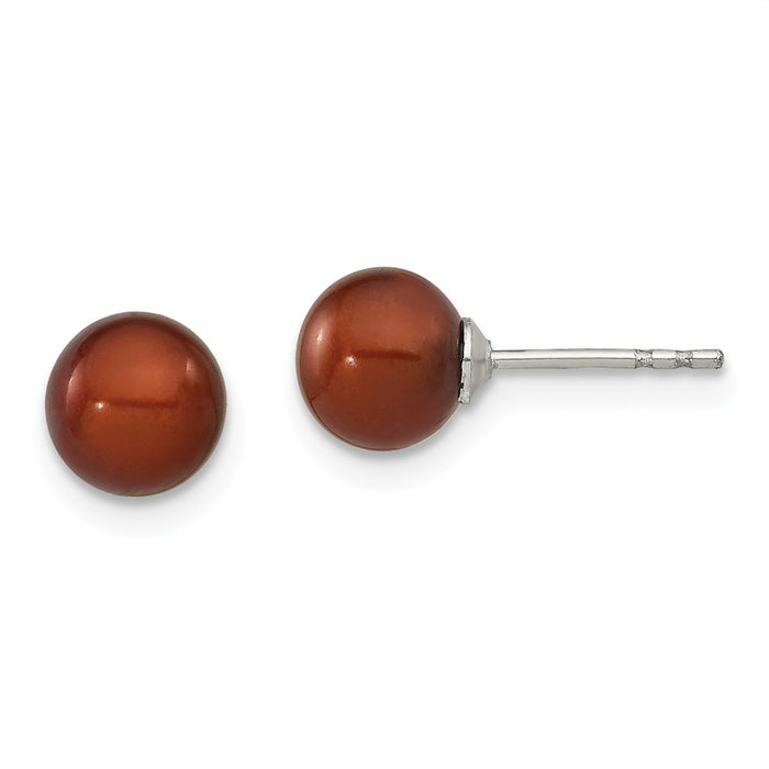 925 Sterling Silver Rh-plated 6-7mm Coffee Freshwater Cultured Round Pearl Stud Earring, 6 to 7mm x 6 to 7mm