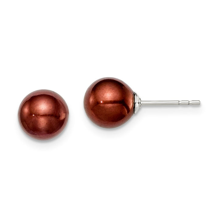 925 Sterling Silver Rh-plated 7-8mm Coffee Freshwater Cultured Round Pearl Stud Earring, 7 to 8mm x 7 to 8mm