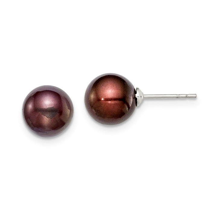 925 Sterling Silver Rh-plated 8-9mm Coffee Freshwater Cultured Round Pearl Stud Earring, 8 to 9mm x 8 to 9mm