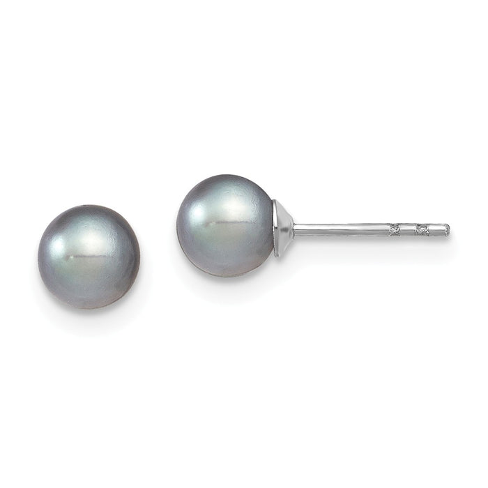 Million Charms 925 Sterling Silver Rhodium-plated 5-6mm Grey Freshwater Cultured Round Pearl Stud Earrings, 5 to 6mm x 5 to 6mm