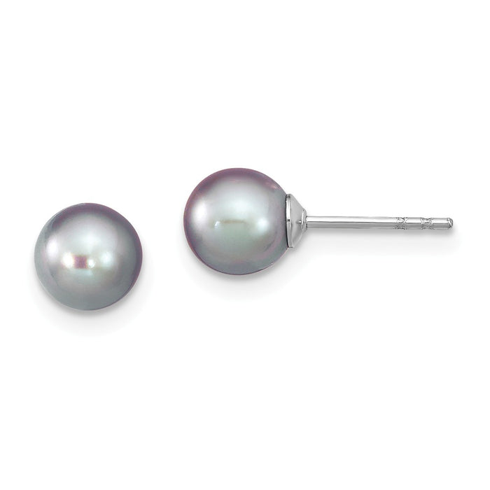 925 Sterling Silver Rhodium-Plated 6-7mm Grey Freshwater Cultured Round Pearl Stud Earrings, 6 to 7mm x 6 to 7mm