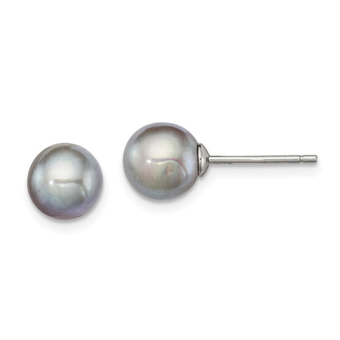 925 Sterling Silver Rh-plated 7-8mm Grey Freshwater Cultured Round Pearl Stud Earrings, 7 to 8mm x 7 to 8mm