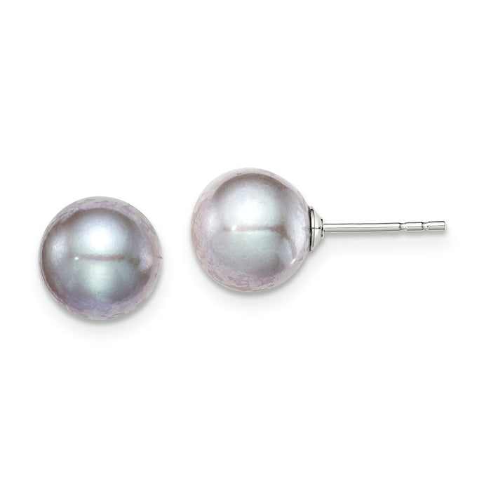 925 Sterling Silver Rh-plated 8-9mm Grey Freshwater Cultured Round Pearl Stud Earrings, 8 to 9mm x 8 to 9mm