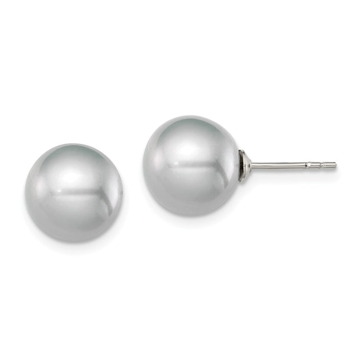 925 Sterling Silver Rh-plated 9-10mm Grey Freshwater Cultured Round Pearl Stud Earrings, 9 to 10mm x 9 to 10mm