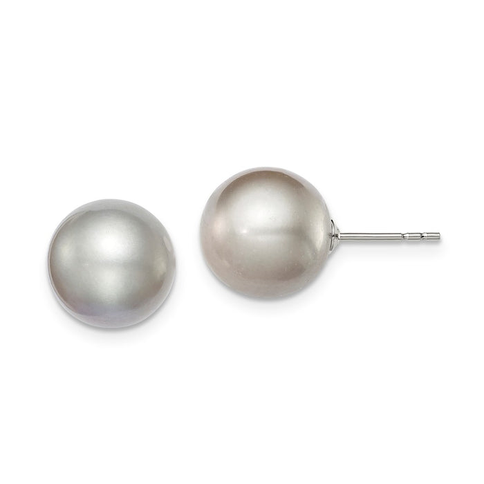 925 Sterling Silver Rh-plated 10-11mm Grey Freshwater Cultured Round Pearl Stud Earring, 10 to 11mm x 10 to 11mm