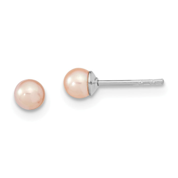 925 Sterling Silver Rhodium-Plated 3-4mm Pink Freshwater Cultured Round Pearl Stud Earrings, 3 to 4mm x 3 to 4mm