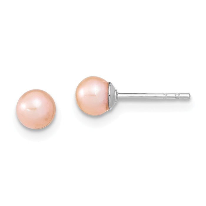 925 Sterling Silver Rhodium-Plated 4-5mm Pink Freshwater Cultured Round Pearl Stud Earrings, 4 to 5mm x 4 to 5mm