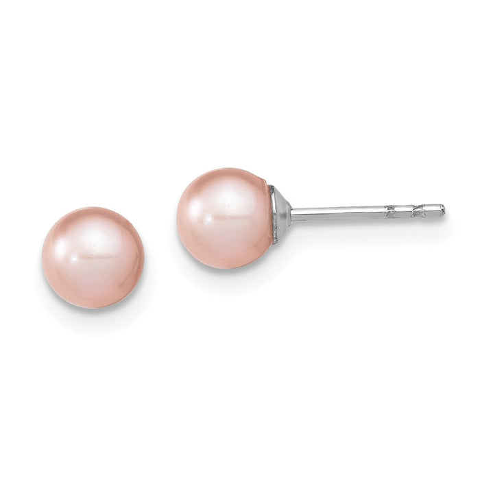 925 Sterling Silver Rhodium-Plated 5-6mm Pink Freshwater Cultured Round Pearl Stud Earrings, 5 to 6mm x 5 to 6mm