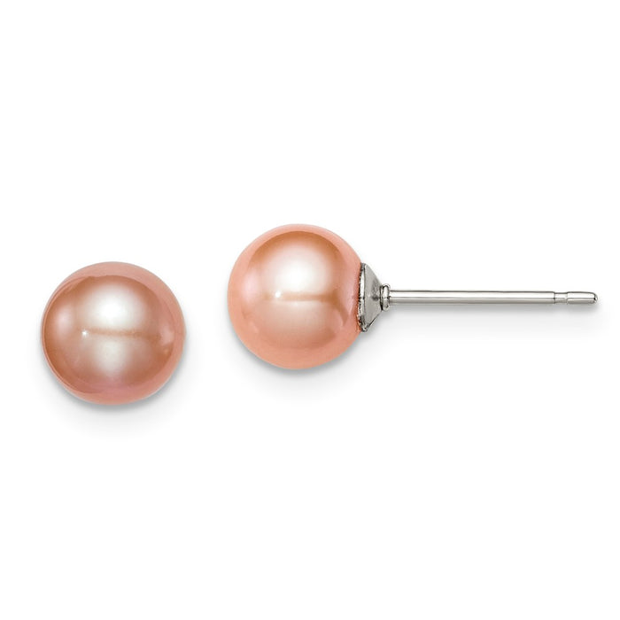 925 Sterling Silver Rh-plated 6-7mm Pink Freshwater Cultured Round Pearl Stud Earrings, 6 to 7mm x 6 to 7mm
