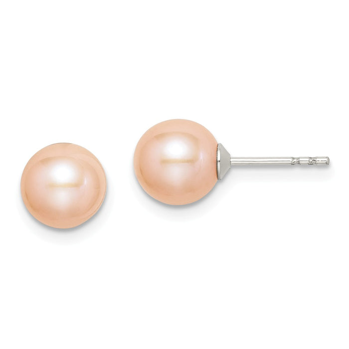 925 Sterling Silver Rh-plated 7-8mm Pink Freshwater Cultured Round Pearl Stud Earrings, 7 to 8mm x 7 to 8mm