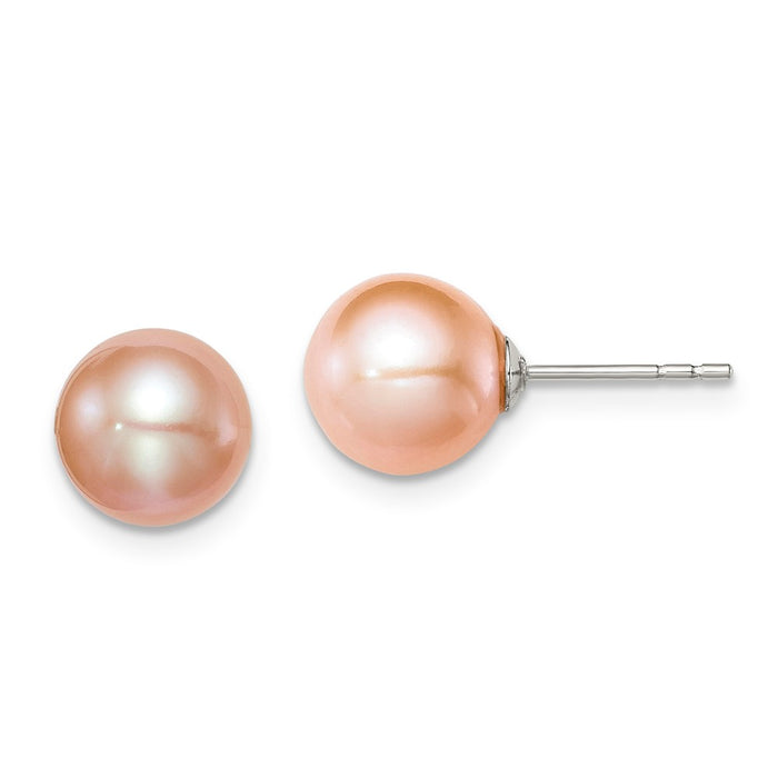 925 Sterling Silver Rh-plated 8-9mm Pink Freshwater Cultured Round Pearl Stud Earrings, 8 to 9mm x 8 to 9mm