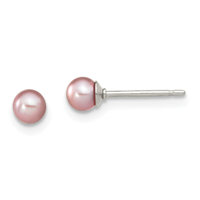 925 Sterling Silver Rh-plated 3-4mm Purple Freshwater Cultured Round Pearl Stud Earring, 3 to 4mm x 3 to 4mm