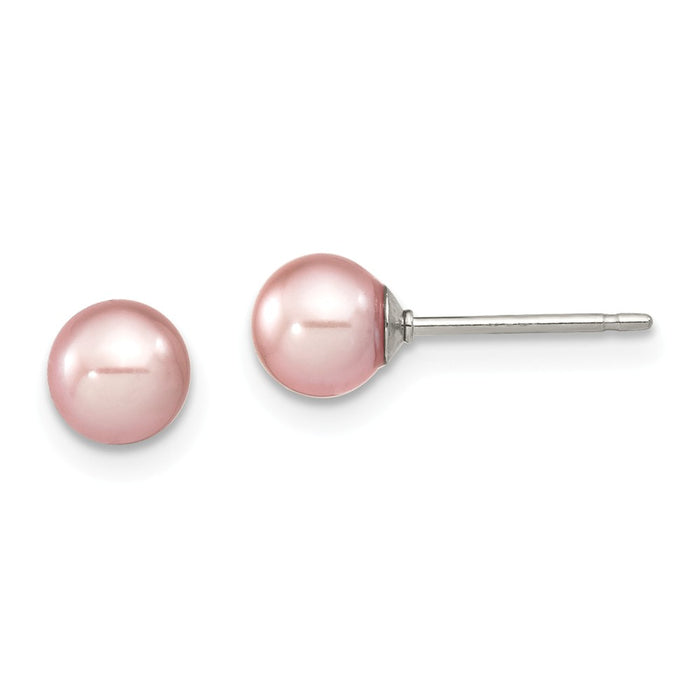925 Sterling Silver Rh-plated 5-6mm Purple Freshwater Cultured Round Pearl Stud Earring, 5 to 6mm x 5 to 6mm