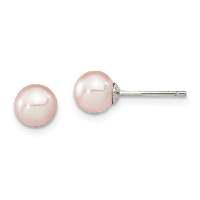 925 Sterling Silver Rh-plated 6-7mm Purple Freshwater Cultured Round Pearl Stud Earring, 6 to 7mm x 6 to 7mm