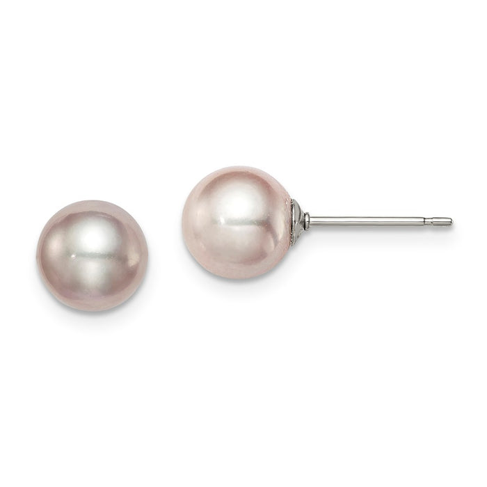 925 Sterling Silver Rh-plated 7-8mm Purple Freshwater Cultured Round Pearl Stud Earring, 7 to 8mm x 7 to 8mm