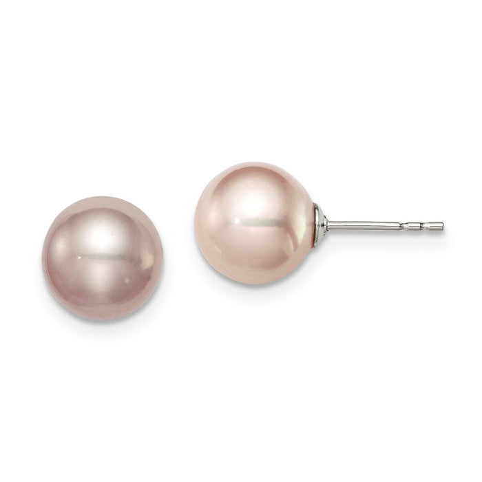 925 Sterling Silver Rh-plated 8-9mm Purple Freshwater Cultured Round Pearl Stud Earring, 8 to 9mm x 8 to 9mm