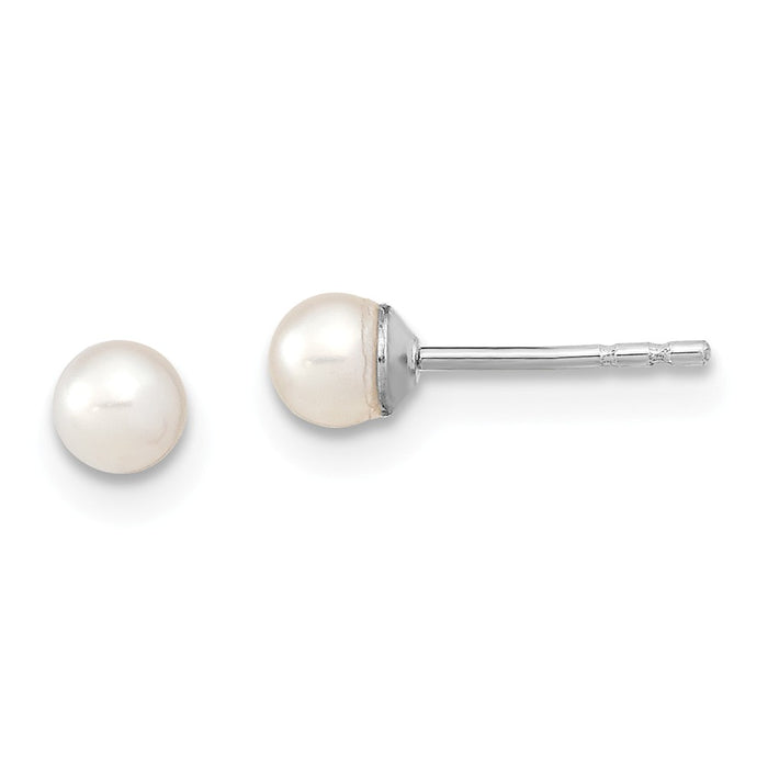 925 Sterling Silver Rhodium 3-4mm White Freshwater Cultured Round Pearl Stud Earrings, 3 to 4mm x 3 to 4mm