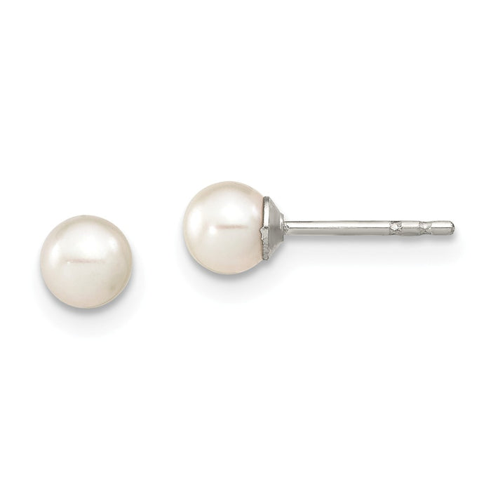 925 Sterling Silver Rh-plated 4-5mm White Freshwater Cultured Round Pearl Stud Earrings, 4 to 5mm x 4 to 5mm