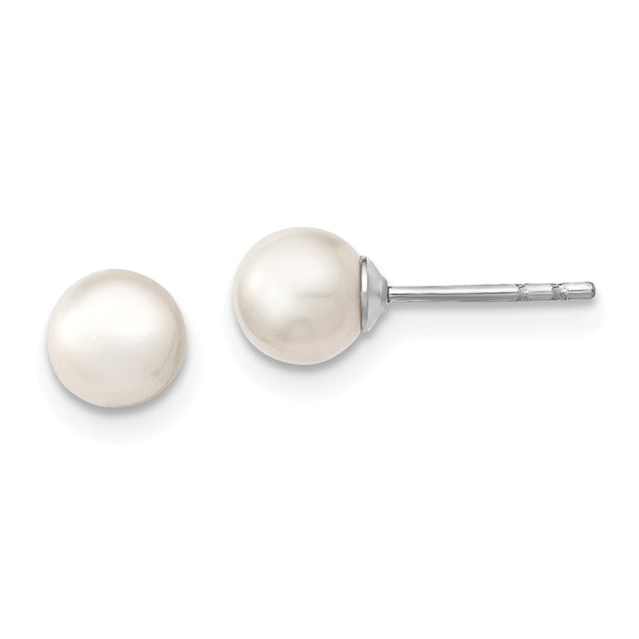 925 Sterling Silver Rhodium-Plated 5-6mm White Freshwater Cultured Round Pearl Stud Earrings, 5 to 6mm x 5 to 6mm