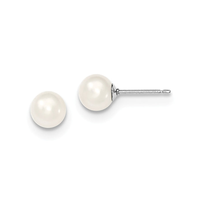 925 Sterling Silver Rh-plated 6-7mm White Freshwater Cultured Round Pearl Stud Earrings, 6 to 7mm x 6 to 7mm