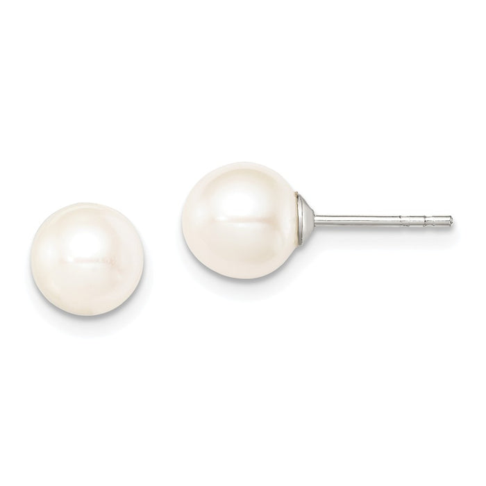 925 Sterling Silver Rh-plated 7-8mm White Freshwater Cultured Round Pearl Stud Earrings, 7 to 8mm x 7 to 8mm