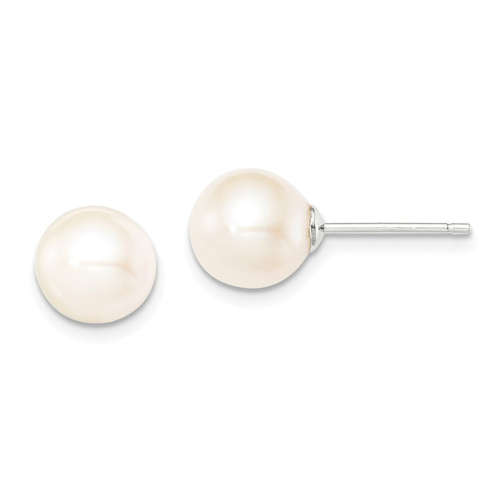 925 Sterling Silver Rh-plated 8-9mm White Freshwater Cultured Round Pearl Stud Earrings, 8 to 9mm x 8 to 9mm