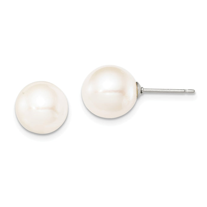 925 Sterling Silver Rh-plated 9-10mm White Freshwater Cultured Round Pearl Stud Earring, 9 to 10mm x 9 to 10mm