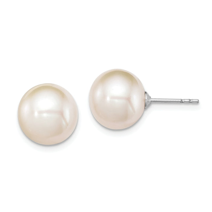 925 Sterling Silver Rh-plated 10-11mm White Freshwater Cultured Round Pearl Stud Earrin, 10 to 11mm x 10 to 11mm