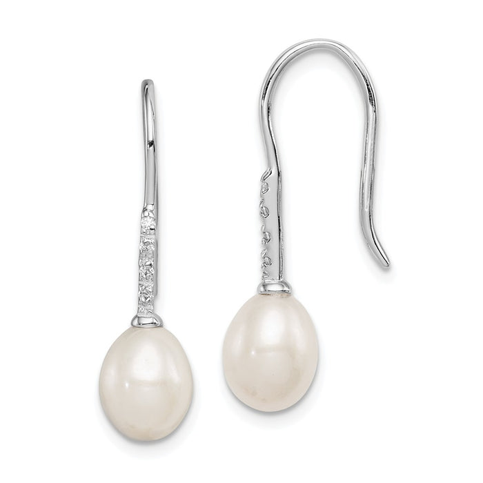 925 Sterling Silver Rhodium-plated 7-8mm White Freshwater Cultured Pearl Cubic Zirconia ( CZ ) Dangle Earrings, 25mm x 8mm