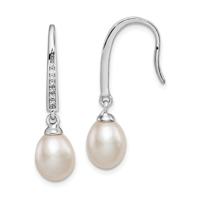 925 Sterling Silver Rhodium-plated 7-8mm White Freshwater Cultured Pearl Cubic Zirconia ( CZ ) Dangle Earrings, 28mm x 8mm