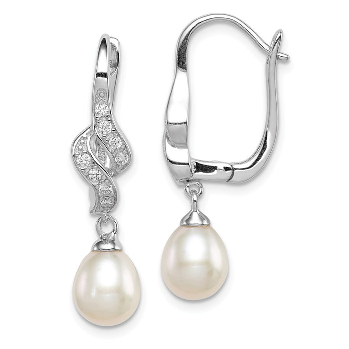 925 Sterling Silver Rhodium-plated 7-8mm White Freshwater Cultured Pearl Cubic Zirconia ( CZ ) Leverback Earrings, 52mm x 8mm