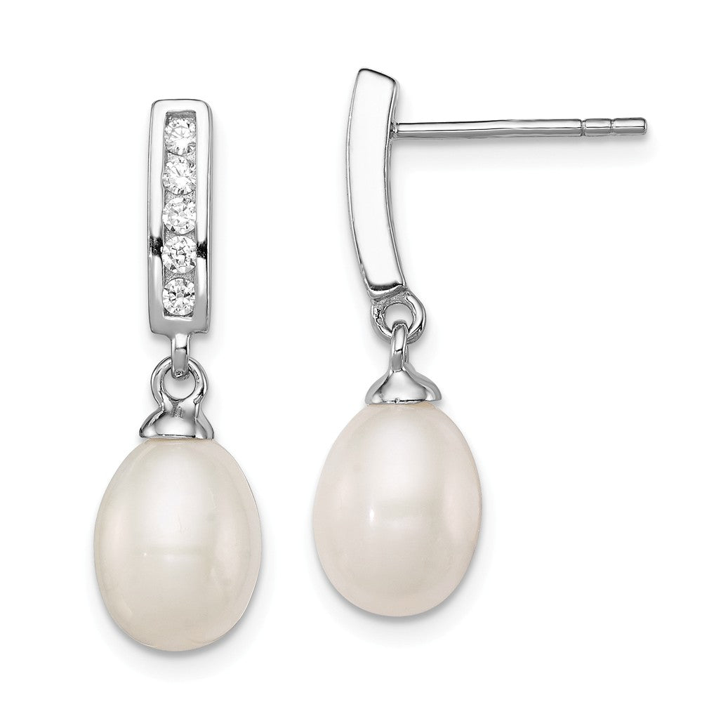 925 Sterling Silver Rhodium-plated 8-9mm White Freshwater Cultured Pearl Cubic Zirconia ( CZ ) Post Dangle Earrings, 24mm x 9mm