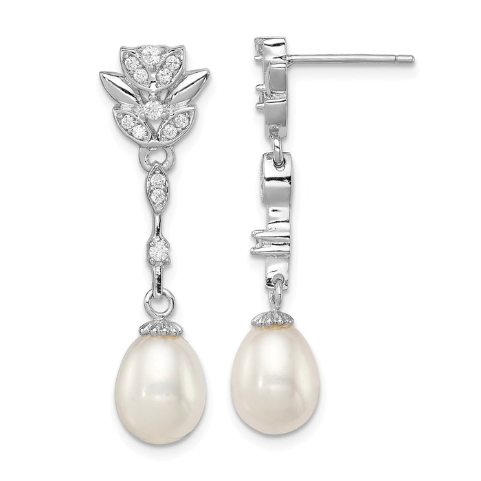 925 Sterling Silver Rhodium-Plated 8-9mm White Freshwater Cultured Pearl Cubic Zirconia ( CZ ) Post Dangle Earrings, 36mm x 9mm