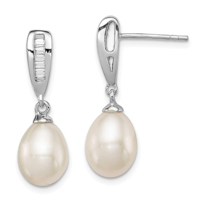 925 Sterling Silver Rhodium-plated 7-8mm White Freshwater Cultured Pearl Cubic Zirconia ( CZ ) Post Dangle Earrings, 24mm x 8mm