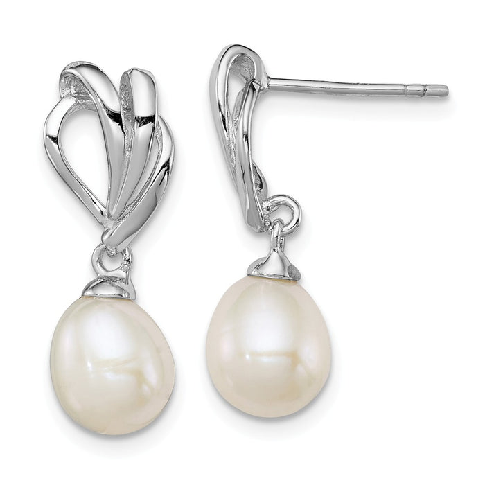 925 Sterling Silver Rhodium-plated 7-8mm White Freshwater Cultured Pearl Post Dangle, 23mm x 8mm