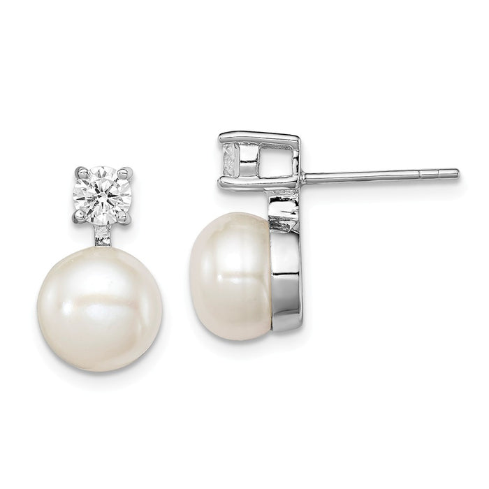 925 Sterling Silver Rhodium-plated 7-8mm White Freshwater Cultured Pearl Cubic Zirconia ( CZ ) Post Earrings, 15mm x 7 to 8mm