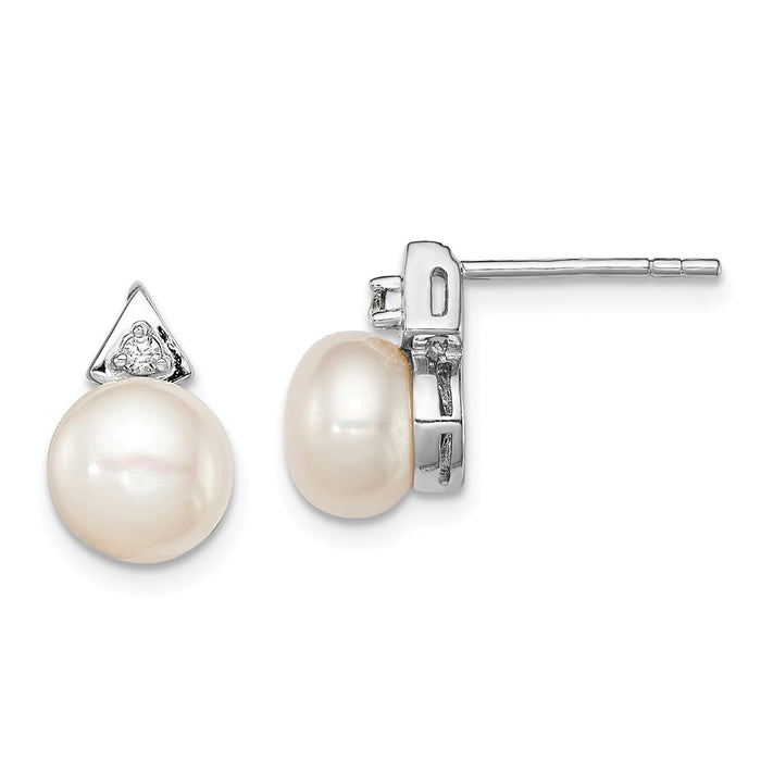 925 Sterling Silver Rhodium-plated 7-8mm White Freshwater Cultured Pearl Cubic Zirconia ( CZ ) Post Earrings, 11mm x 7 to 8mm