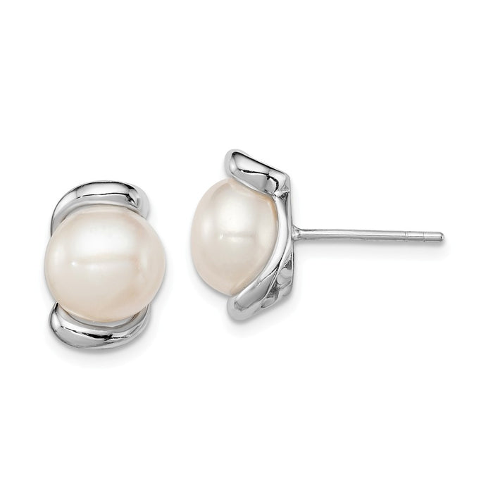 925 Sterling Silver Rhodium-plated 8-9mm White Freshwater Cultured Pearl Post Earrings, 12mm x 8 to 9mm