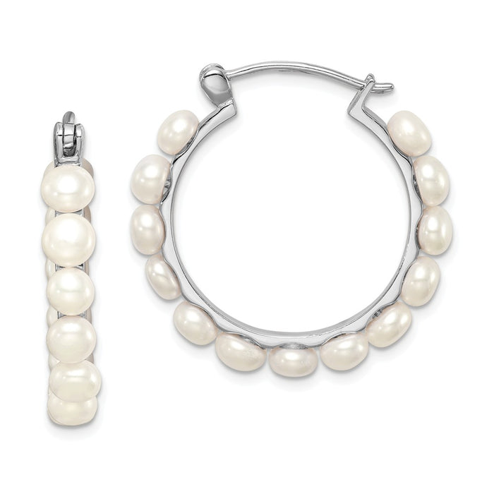 925 Sterling Silver Rhodium-plated 4-5mm White Freshwater Cultured Pearl Hoops, 30mm x 30mm