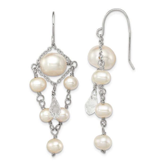 925 Sterling Silver Rhodium-Plated 5-10mm Freshwater Cultured Pearls Swarovski Elements Dangle Earrings, 60mm x 15mm