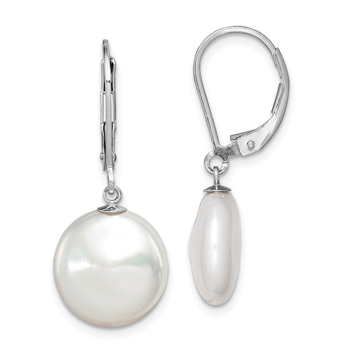 925 Sterling Silver Rhodium 12-13mm White Freshwater Cultured Coin Pearl Leverbacks, 30mm x 14mm