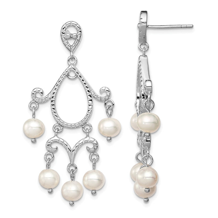 925 Sterling Silver Rhodium 5-6mm White Freshwater Cultured Pearl Post Dangle Earrings, 46mm x 26mm