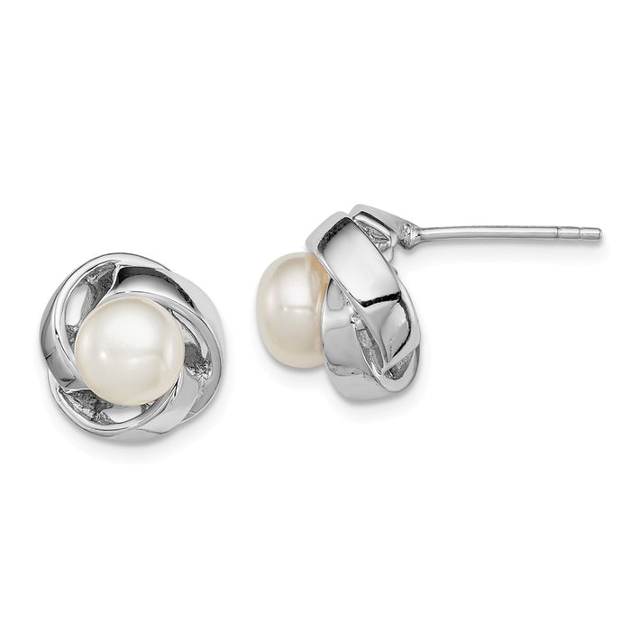 925 Sterling Silver Rhodium-plated 6-7mm White Freshwater Cultured Pearl Post Earrings, 13mm x 13mm