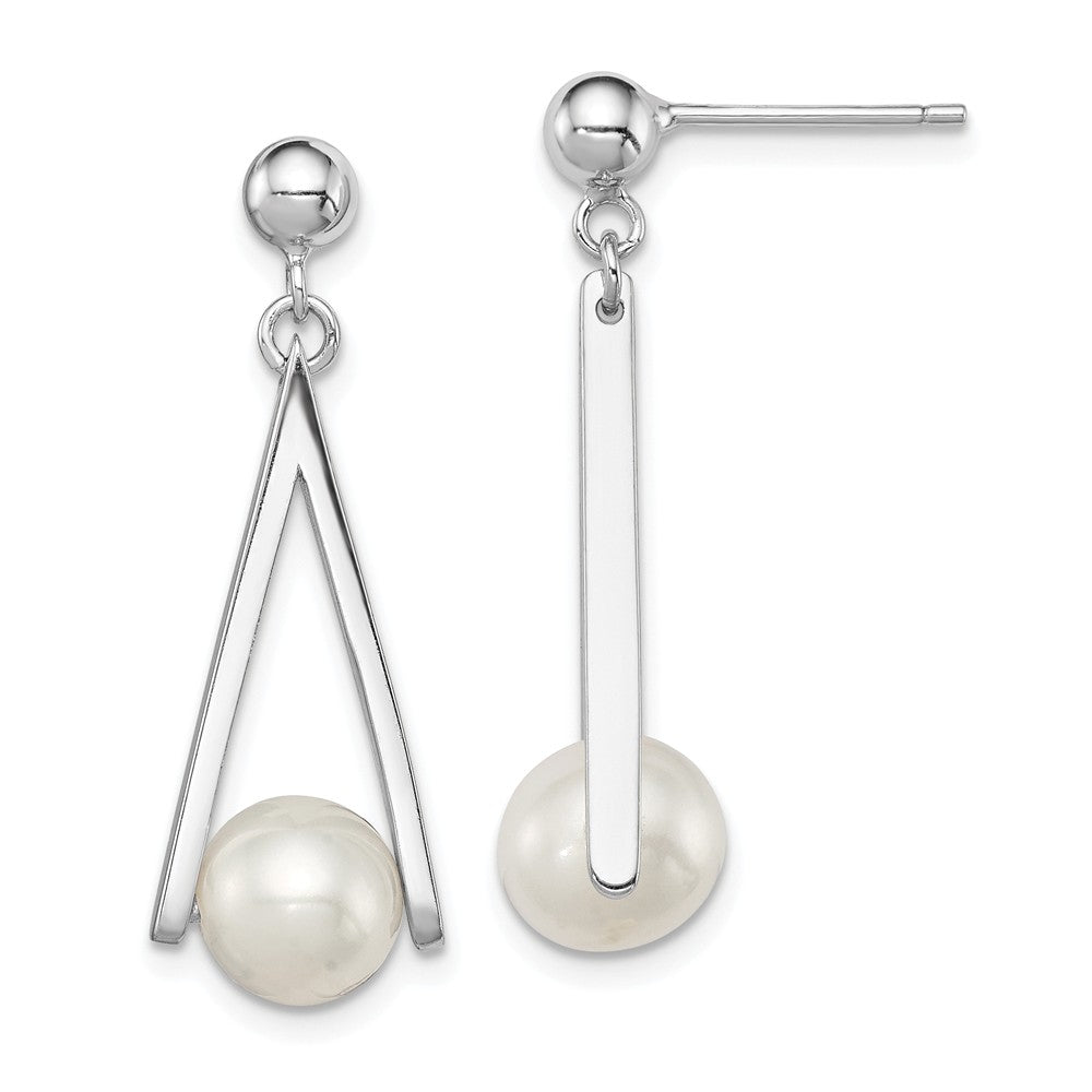 925 Sterling Silver Rhodium-plated 8-9mm White Freshwater Cultured Pearl Post Dangle, 30mm x 11mm