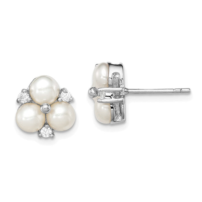 925 Sterling Silver Rhodium-Plated 5-6mm White Freshwater Cultured 3-Pearl Cubic Zirconia ( CZ ) Post Earrings, 11mm x 11mm